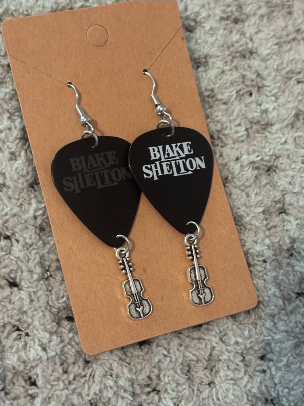 Blake Shelton Black Guitar Pick Earrings with Violin Charm
